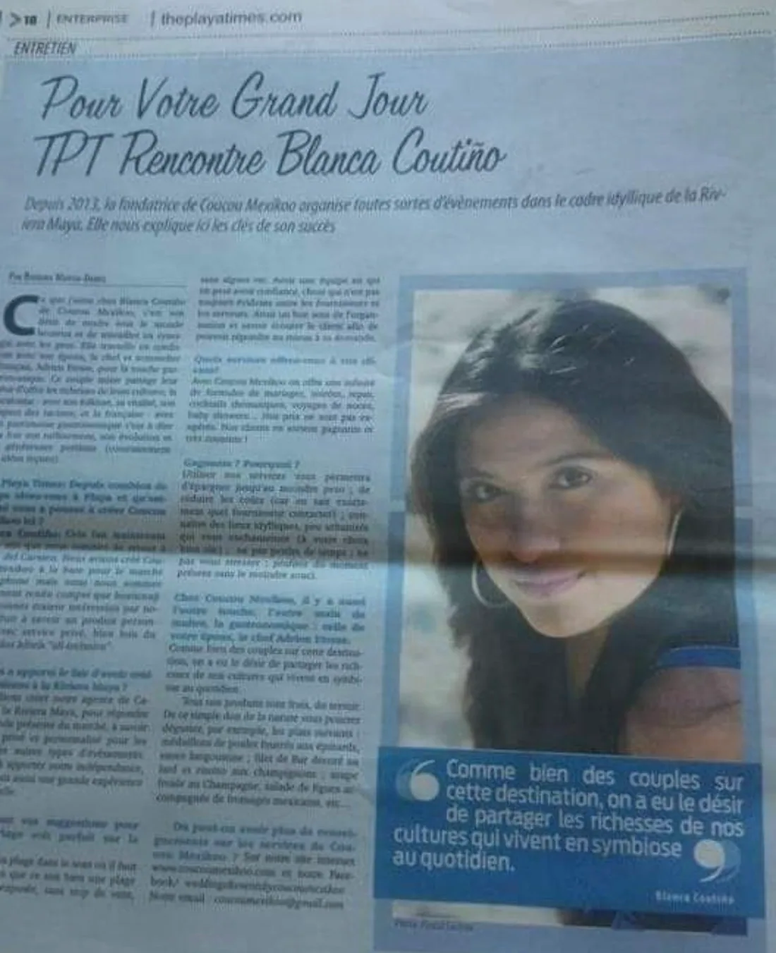 Clipping from The Playa Times newspaper with the interview “Pour Votre Grand Jour · TPT Rencontre Blanca Coutiño” and a portrait of Blanca